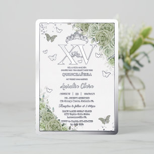 Sage Green Floral Quinceañera Butterflies Silver Foil Invitation