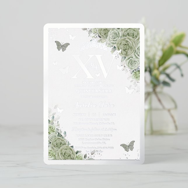 Sage Green Floral Quinceañera Butterflies Silver Foil Invitation (Standing Front)
