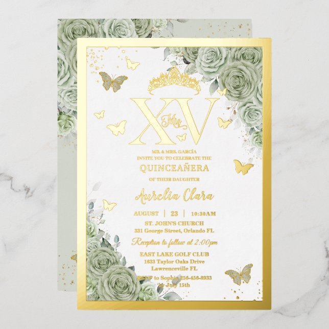 Sage Green Floral Quinceañera Butterflies XV Gold Foil Invitation (Front/Back)