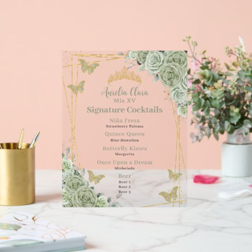 Sage Green Floral Quinceanera Cocktails Bar Menu Acrylic Sign