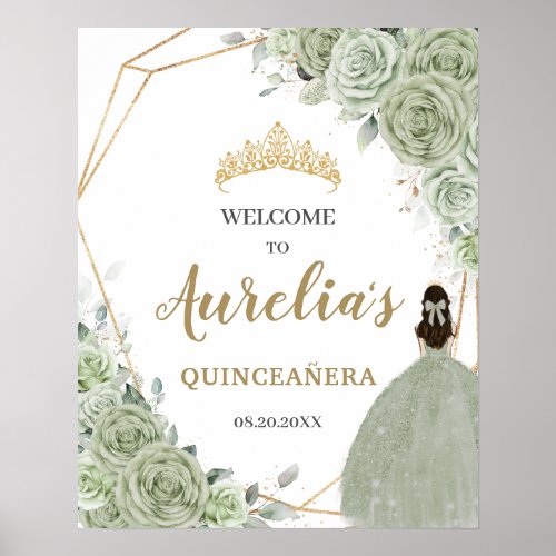 Sage Green Floral Quinceaera Geometric Welcome Poster