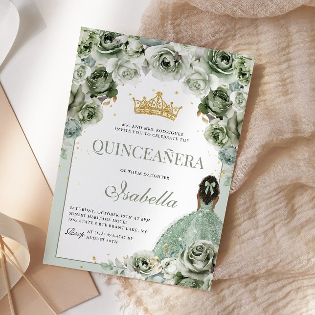 Sage Green Floral Quinceanera Mis Quince Anos Invitation (Creator Uploaded)
