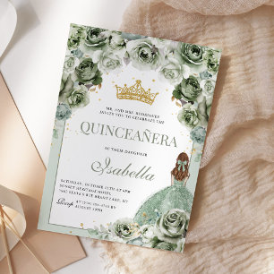 Sage Green Floral Quinceanera Mis Quince Anos Invitation