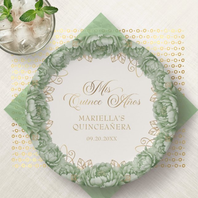 Sage Green Floral Quinceanera Paper Plates (Creator Uploaded)