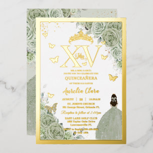 Sage Green Floral Quinceañera Quince 15 XV Gold Foil Invitation