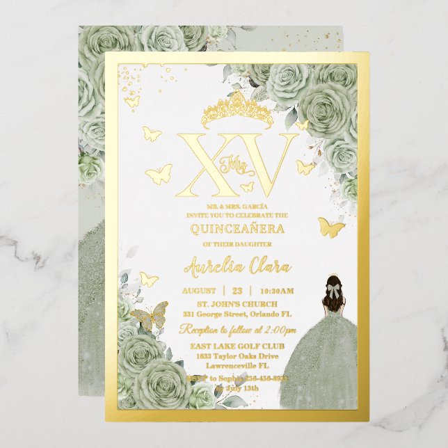 Sage Green Floral Quinceañera Quince 15 XV Gold Foil Invitation (Front/Back)