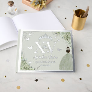 Sage Green Floral Quinceañera Quince 15 XV Silver Foil Guest Book