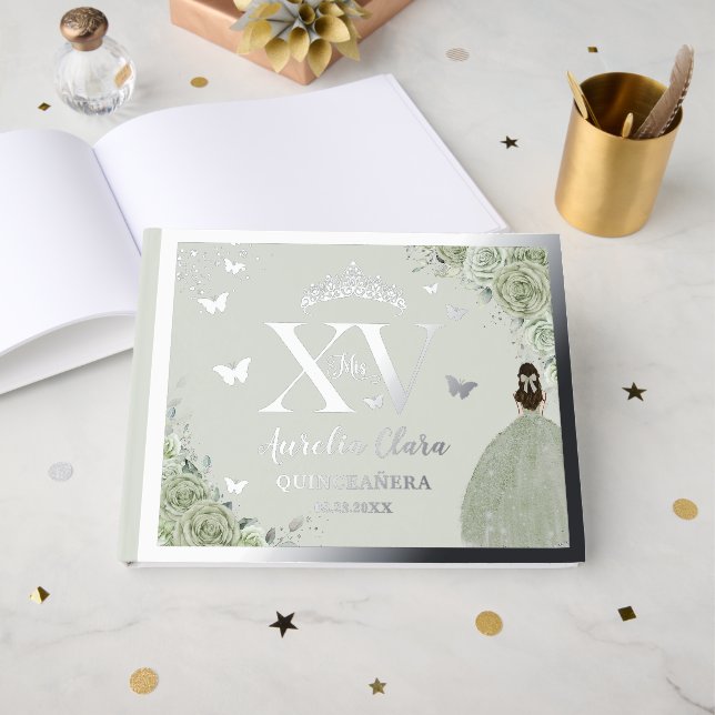 Sage Green Floral Quinceañera Quince 15 XV Silver Foil Guest Book (Front Open)