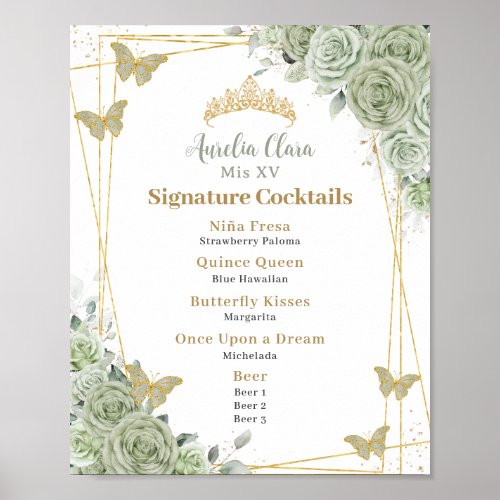 Sage Green Floral Quinceanera Signature Cocktails 