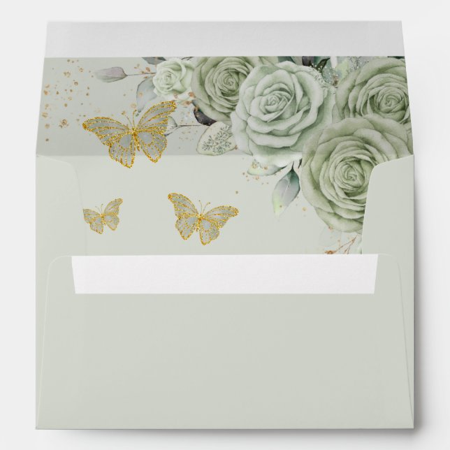  Sage Green Floral Quinceañera Sweet 16 Butterfly Envelope (Back (Bottom))