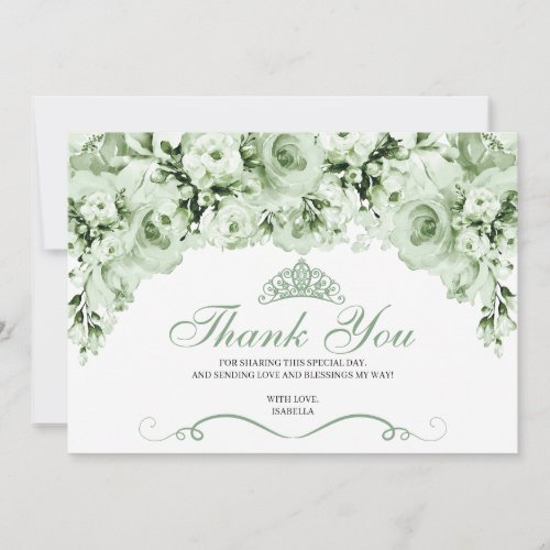 Sage Green Floral Quinceanera Thank You Card
