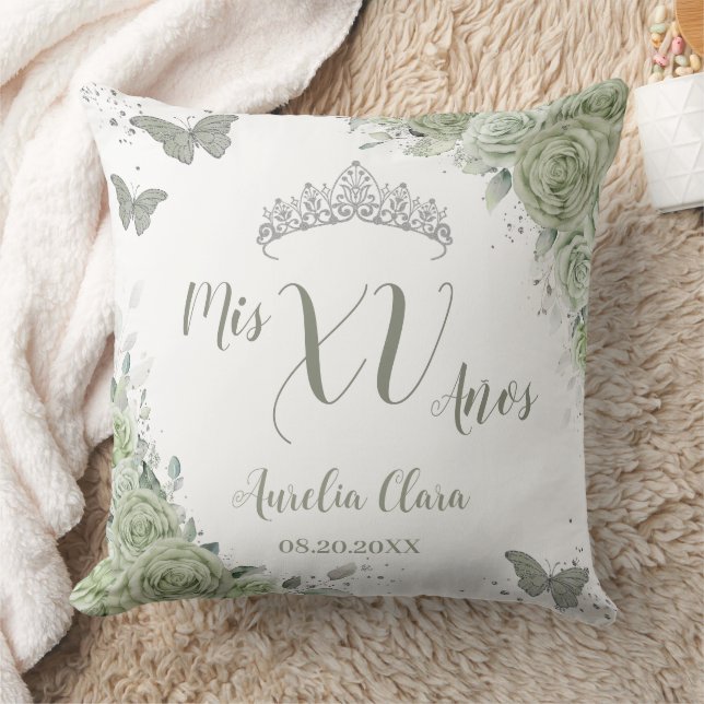 Sage Green Floral Quinceanera XV 15 Butterflies Throw Pillow (Blanket)