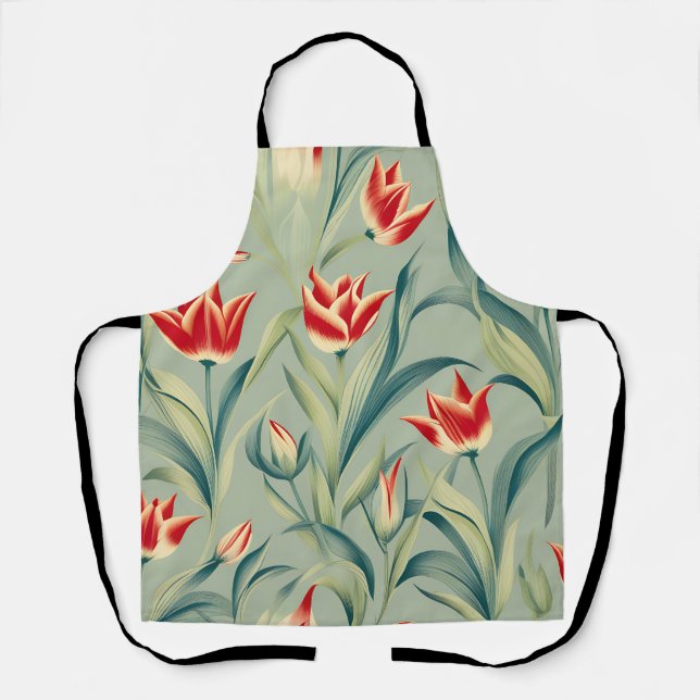Sage Green Floral Red Tulips Apron (Front)