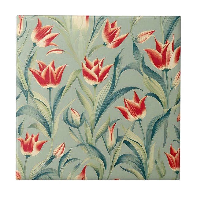 Sage Green Floral Red Tulips Ceramic Tile (Front)