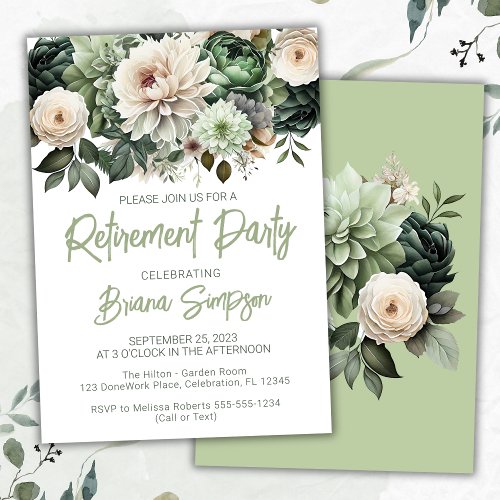 Sage Green Floral Retirement Party Invitation