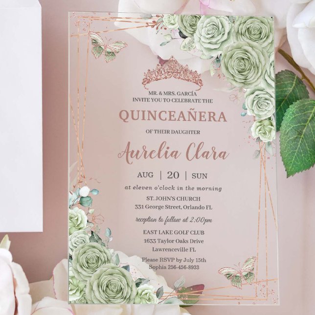 Sage Green Floral Rose Gold Quinceañera Birthday Acrylic Invitations (Creator Uploaded)