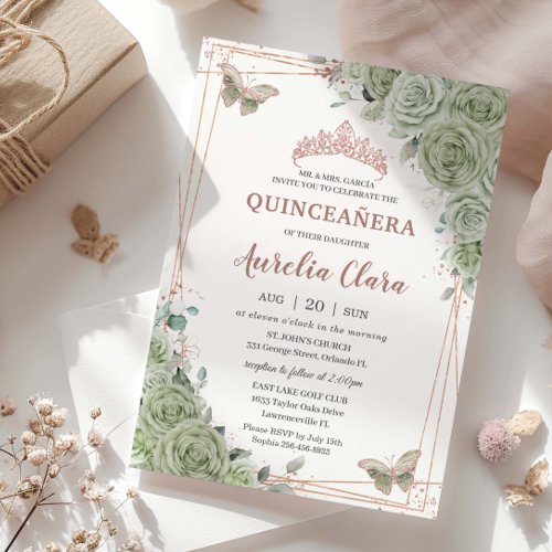 Sage Green Floral Rose Gold Quincea&#241;era Birthday Invitation