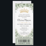 Sage Green Floral Rose Gold Quinceañera VIP Ticket Invitation<br><div class="desc">Personalize this pretty sage green floral Quinceañera / Sweet 16 birthday ticket style invitation easily and quickly. Simply click the customize it further button to edit the texts, change fonts and fonts colors. Featuring beautiful watercolor sage green flowers and a gold princess crown. Perfect for Quinceanera, Sweet Sixteen, 18th birthday,...</div>