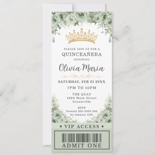Sage Green Floral Rose Gold Quinceaera VIP Ticket Invitation