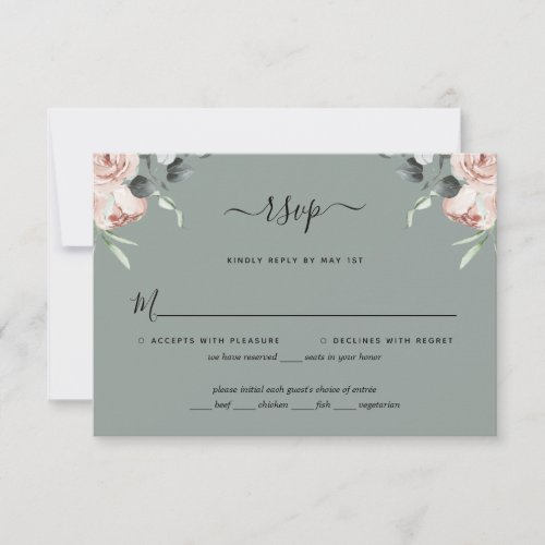 Sage Green Floral Roses Eucalyptus Wedding RSVP Card