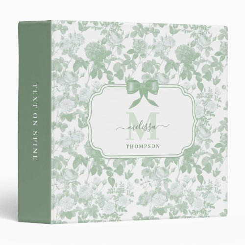 Sage Green Floral Roses French Chinoiserie Pattern 3 Ring Binder