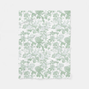 Sage Green Floral Roses French Chinoiserie Pattern Fleece Blanket