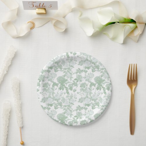 Sage Green Floral Roses French Chinoiserie Pattern Paper Plates