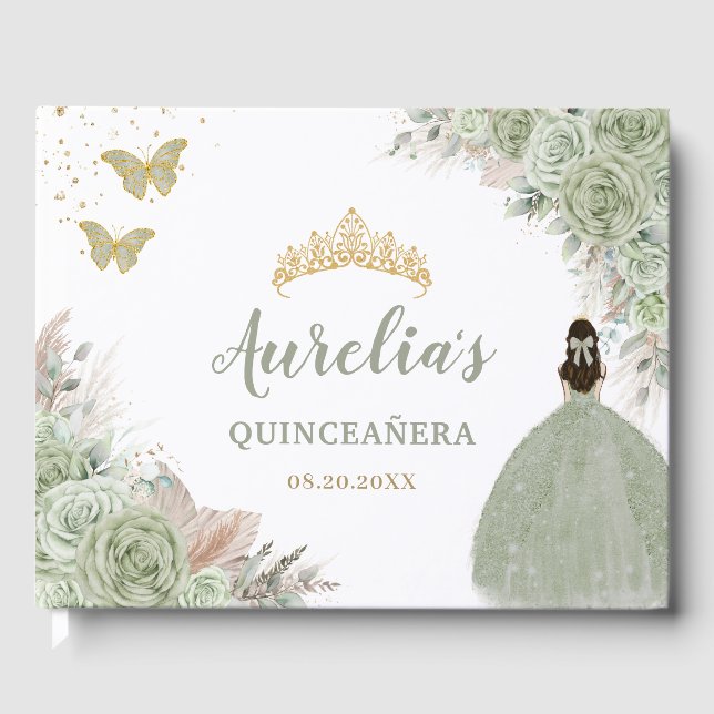 Sage Green Floral Roses Pampas Grass Quinceañera Guest Book (Front)