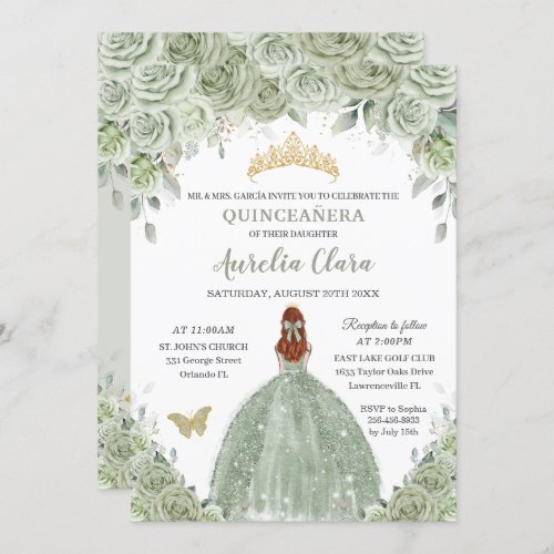 Sage Green Floral Roses Red Hair Girl Quinceaera Invitation