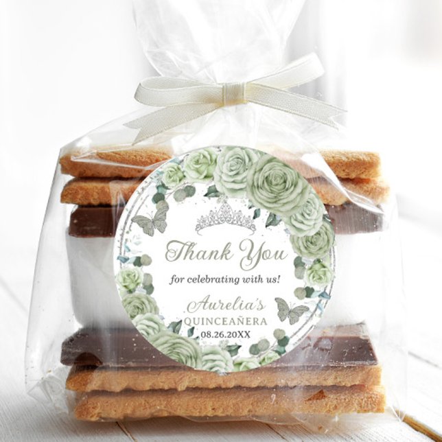 Sage Green Floral Roses Silver Tiara Butterflies  Classic Round Sticker (Creator Uploaded)