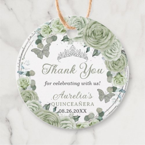 Sage Green Floral Roses Silver Tiara Butterflies  Favor Tags