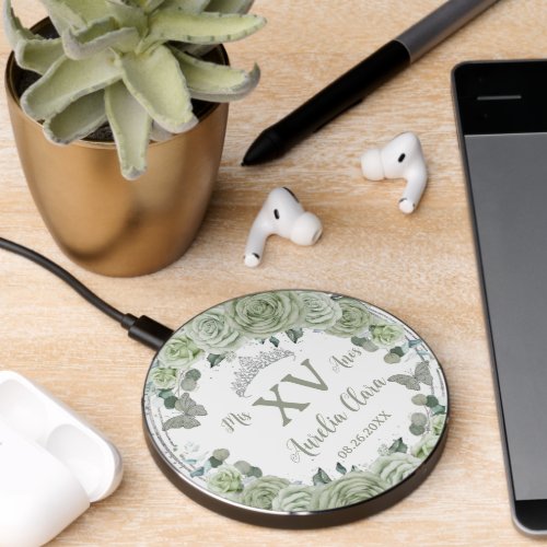 Sage Green Floral Roses Silver Tiara Butterflies  Wireless Charger