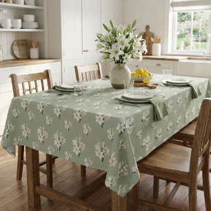Sage Green Floral Round with White Lilies Pattern Tablecloth