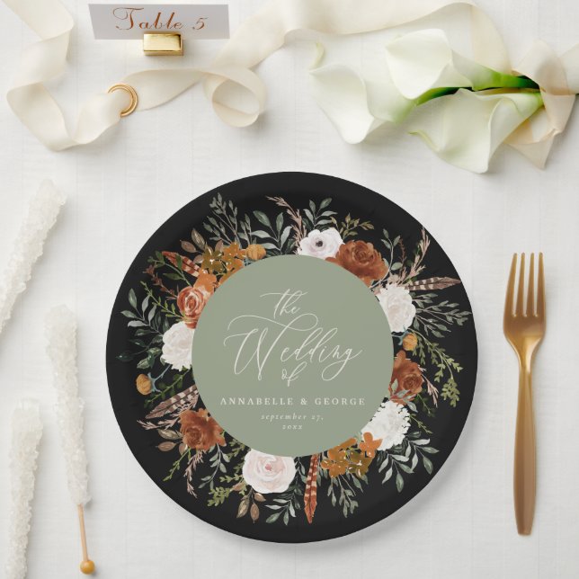 Sage green floral rustic elegant modern wedding paper plates (Wedding)