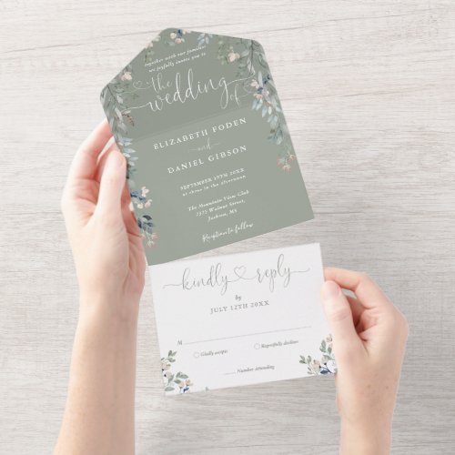 Sage Green Floral Script Hearts Minimalist Wedding All In One Invitation