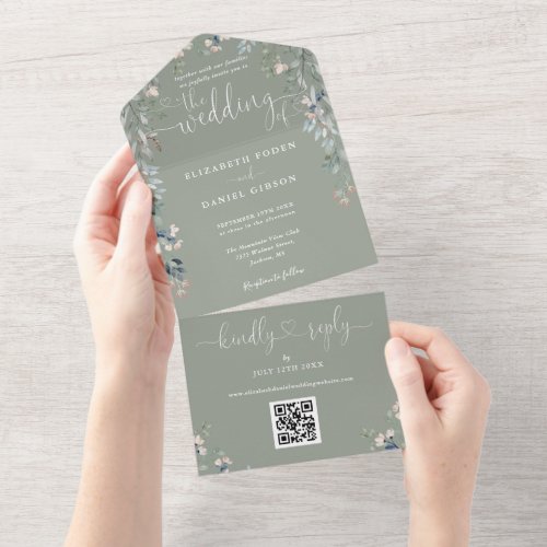 Sage Green Floral Script Hearts QR Code Wedding All In One Invitation