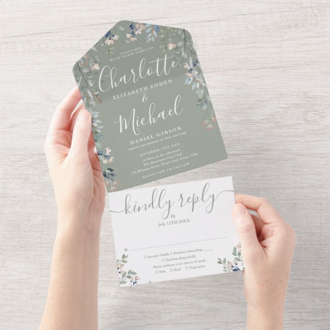 Sage Green Floral Script Monogram Wedding  All In One Invitation (Tearaway)