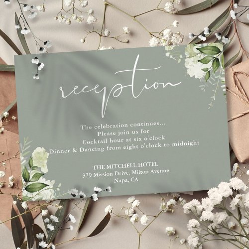 Sage Green Floral Script Wedding Reception Enclosure Card