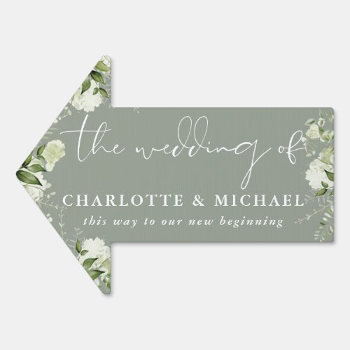 Sage Green Floral Script Wedding This Way Arrow Sign