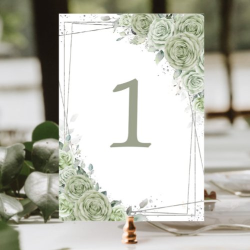 Sage Green Floral Silver Birthday Quinceaera  Table Number
