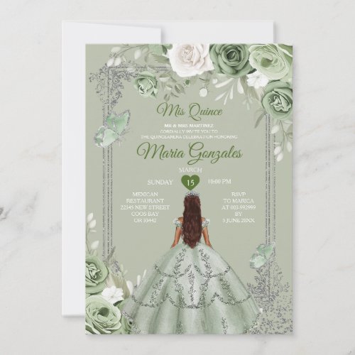 Sage Green Floral Silver Crown Mis Quince 15 Anos Invitation