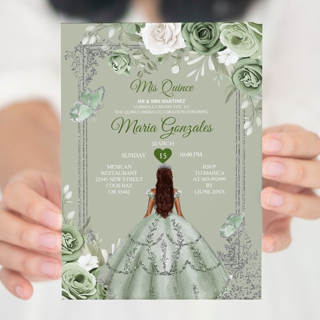 Sage Green Floral Silver Crown Mis Quince 15 Anos Invitation (Creator Uploaded)
