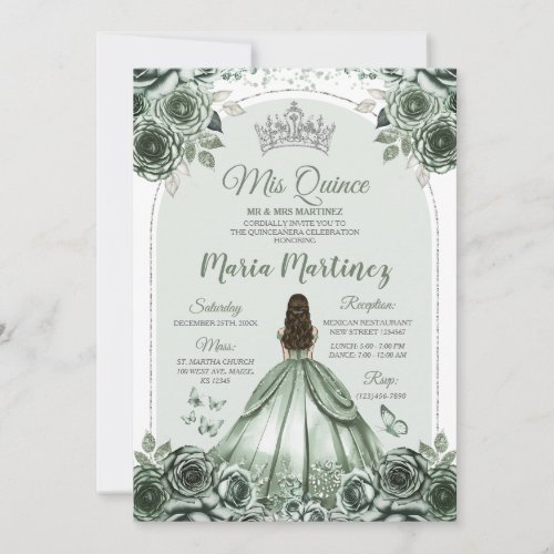 Sage Green Floral Silver Crown Princess Mis Quince Invitation