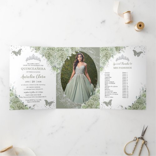 Sage Green Floral Silver Quincea&#241;era 15 Photos Tri-Fold Invitation
