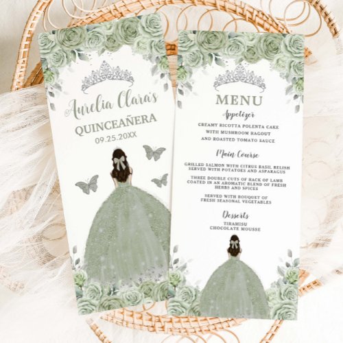 Sage Green Floral Silver Quincea&#241;era 16 Slim Menu