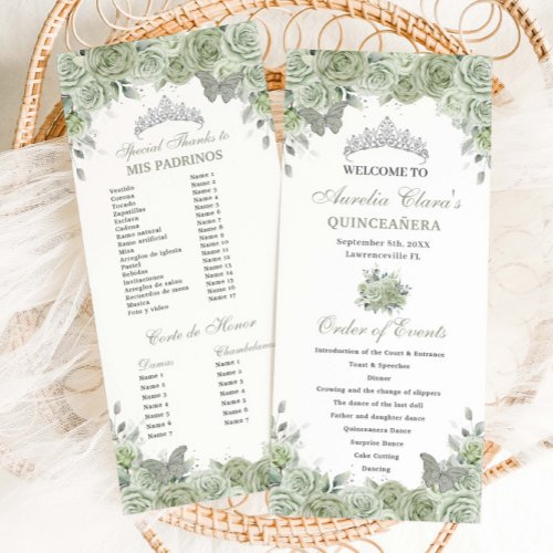 Sage Green Floral Silver Quincea&#241;era Order Events Program