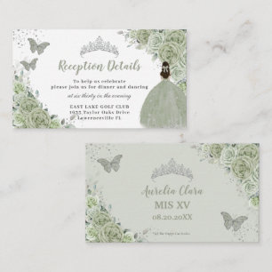 Sage Green Floral Silver Quinceañera Reception Enclosure Card