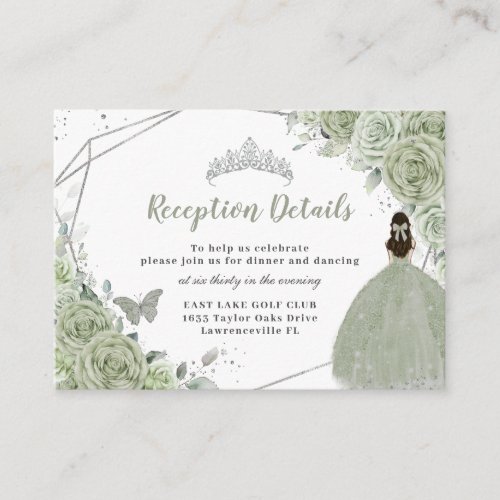 Sage Green Floral Silver Quinceaera Reception Enclosure Card