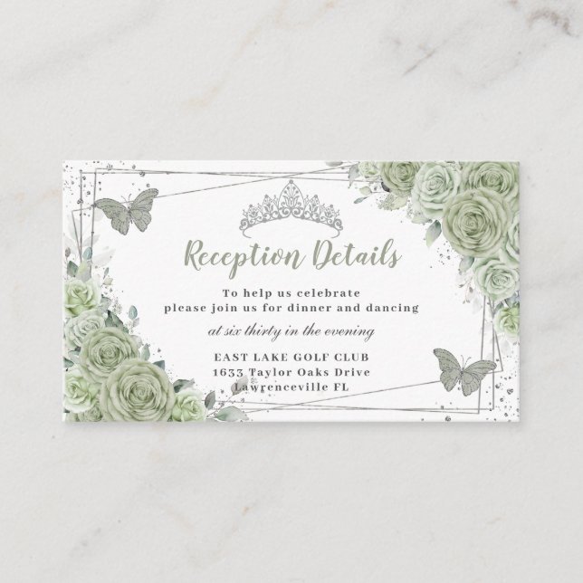 Sage Green Floral Silver Quinceañera Reception Enclosure Card (Front)