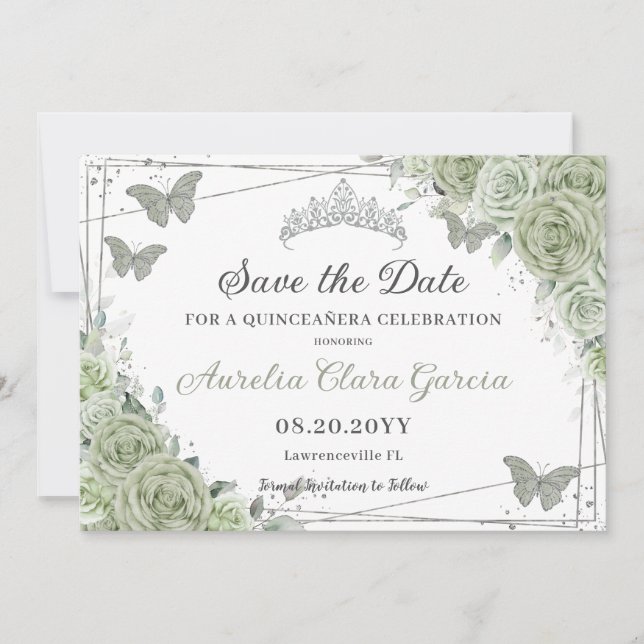 Sage Green Floral Silver Quinceanera Sweet Sixteen Save The Date (Front)